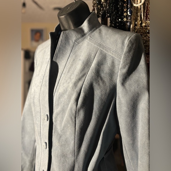 Vintage Made in Canada Faux Suede Belted Jacket • Mandarin Collar • Blue Blazer - Picture 10 of 16